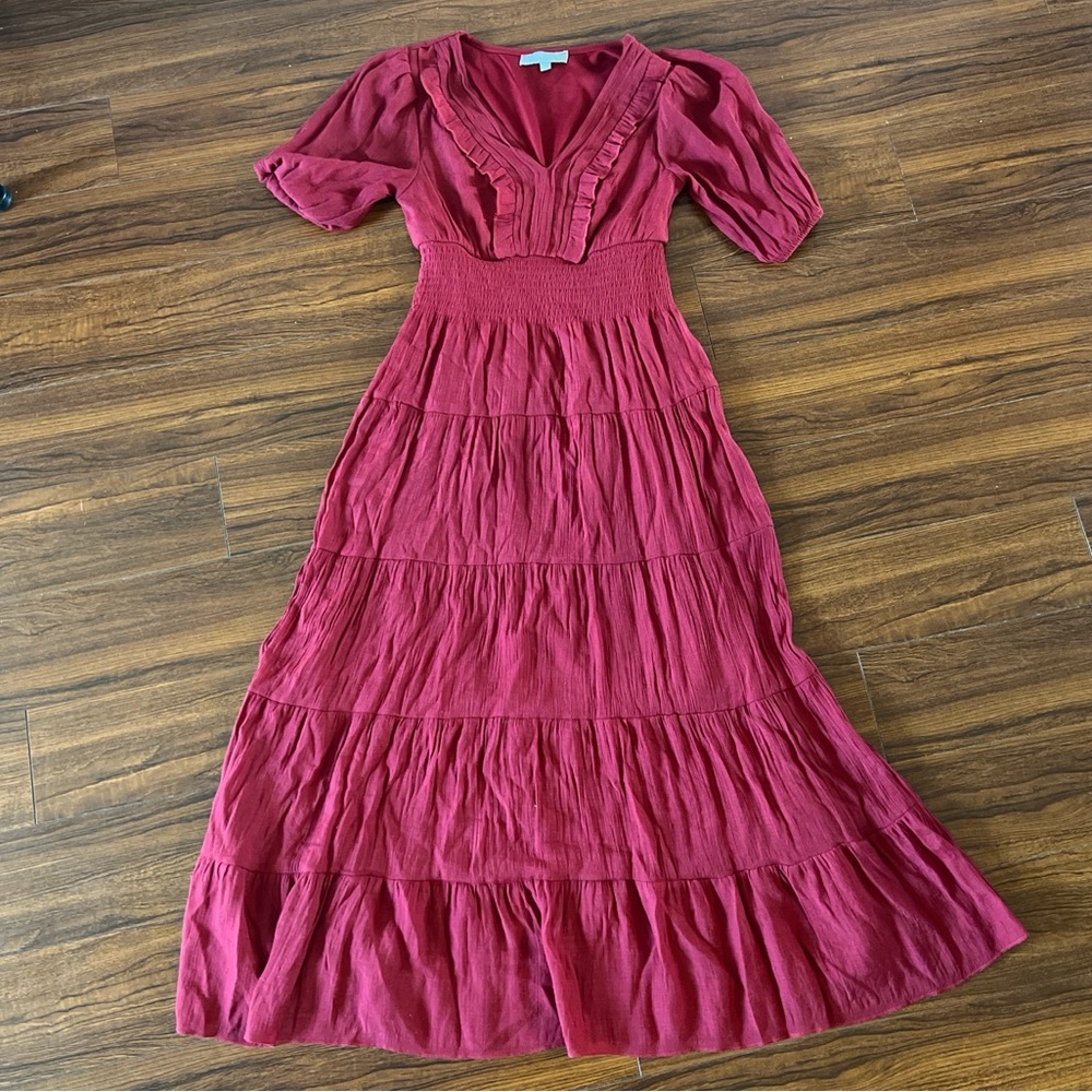 Smocked Waist V-Neck Maxi Dress in Raspberry